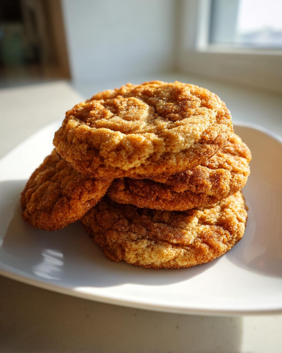 A stack of three crinkly, cinnamon-sugar coated Gilmore Girls coffee cake cookies on a white plate.