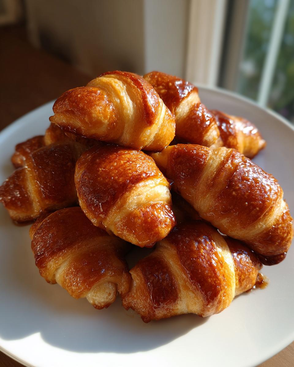 A pile of small, shiny, golden-brown glazed croissant-style pigs in a blanket on a white plate.