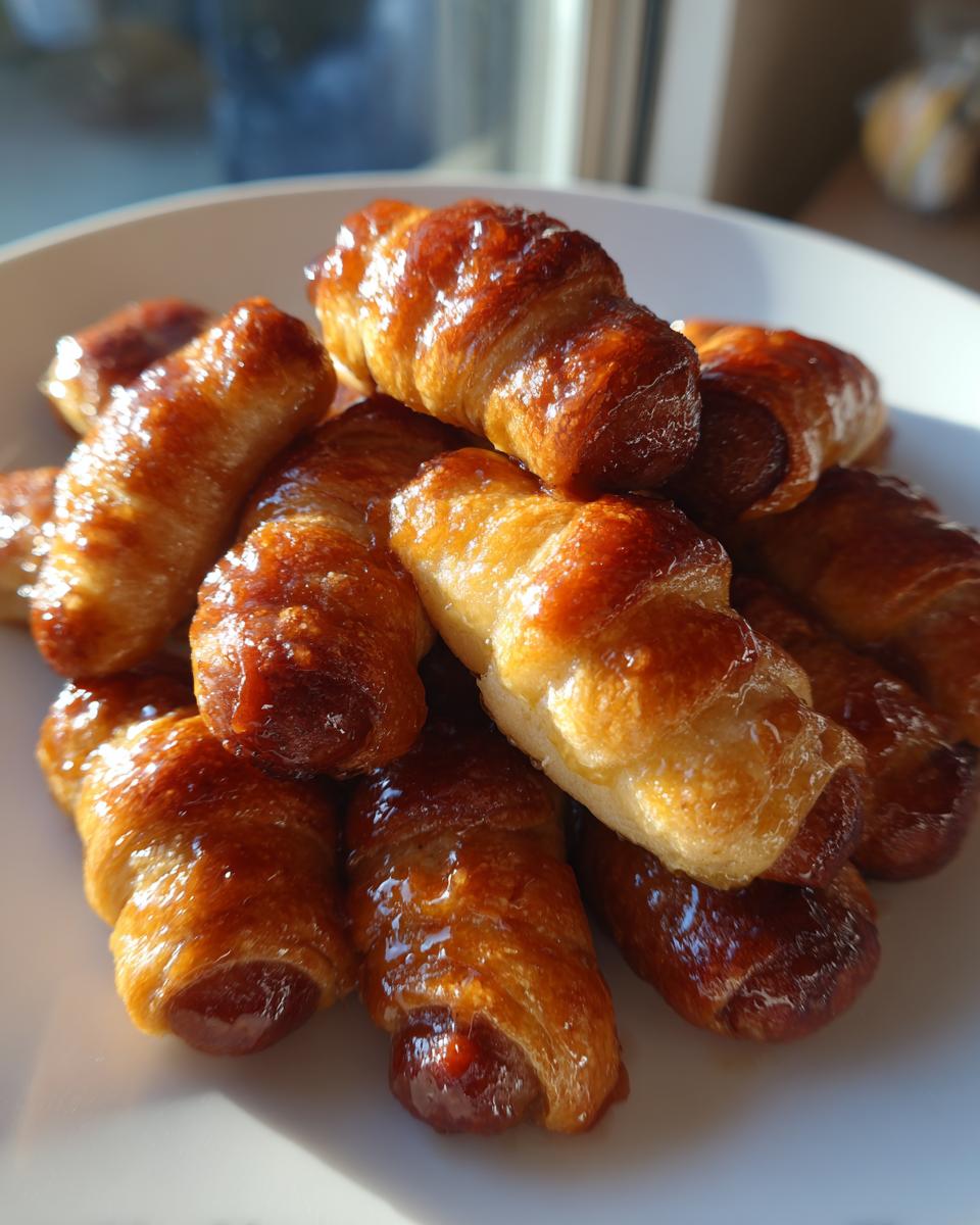 A close-up pile of freshly baked, glossy pigs in a blanket appetizer stacked on a white plate.