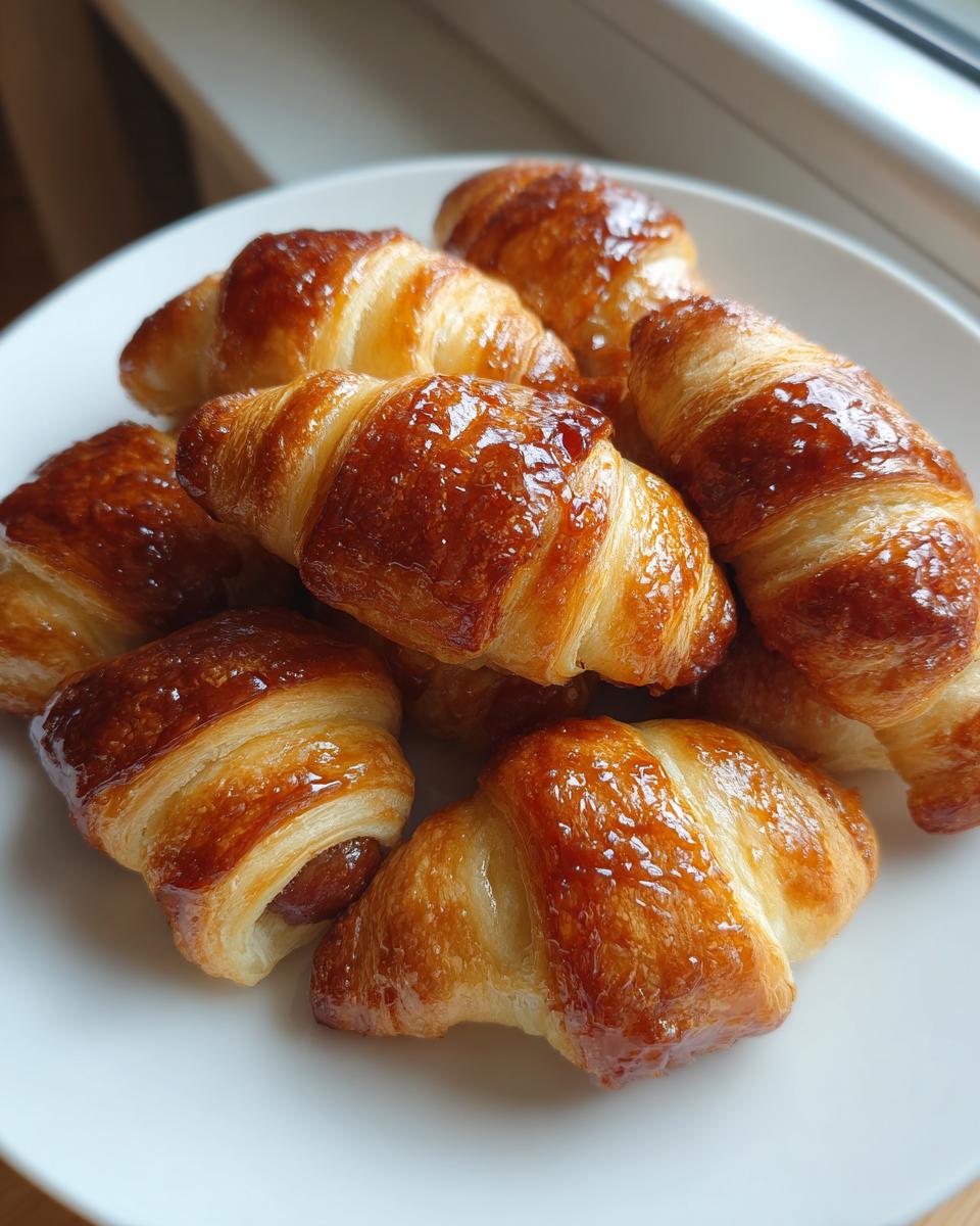 A pile of shiny, golden brown pigs in a blanket made with flaky crescent dough, served on a white plate.