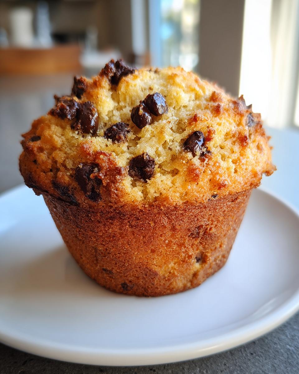 A close-up of a perfectly baked banana chocolate chip muffin with a golden brown top studded with melted chocolate chips.