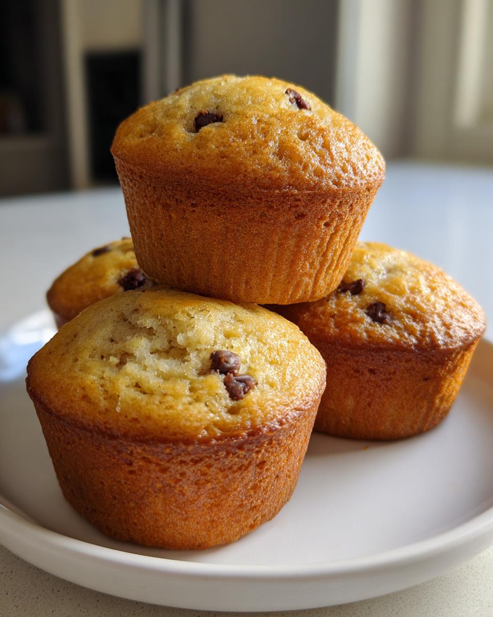 A stack of four golden brown chocolate chip banana muffins sitting on a white plate.