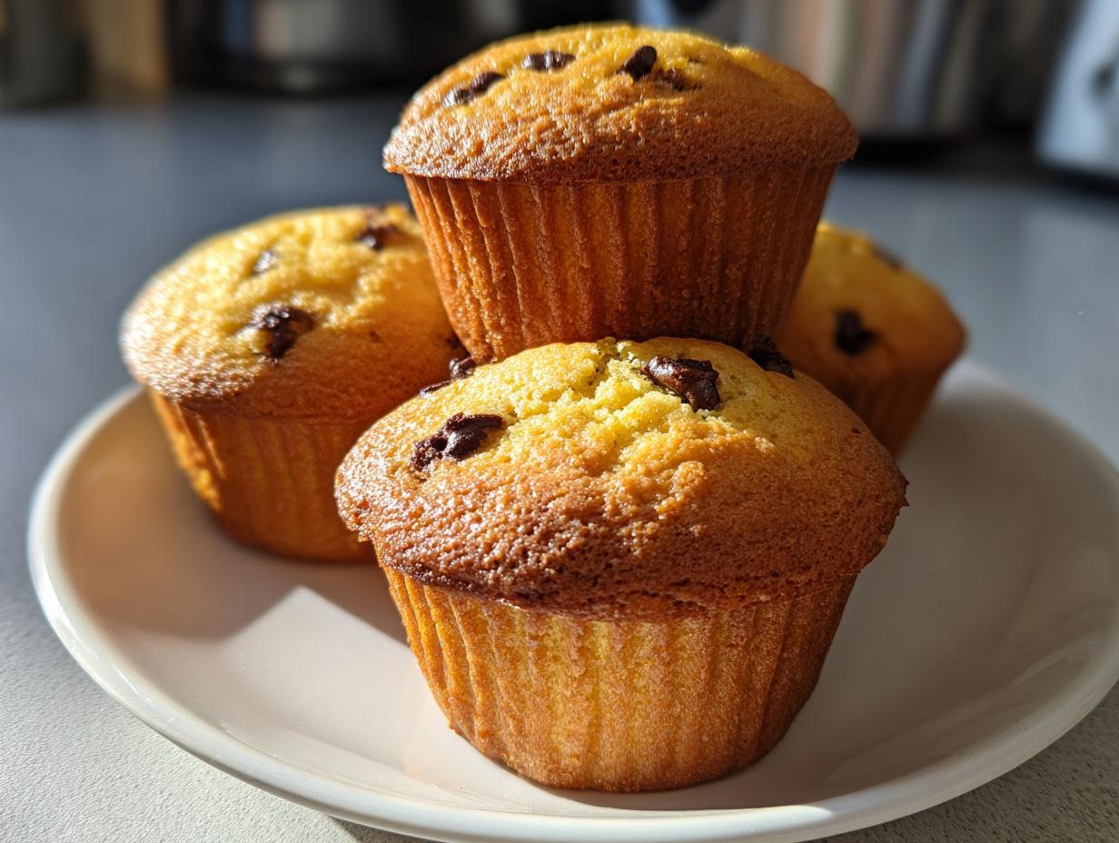 Four golden brown chocolate chip banana muffins stacked slightly on a white plate in bright sunlight.