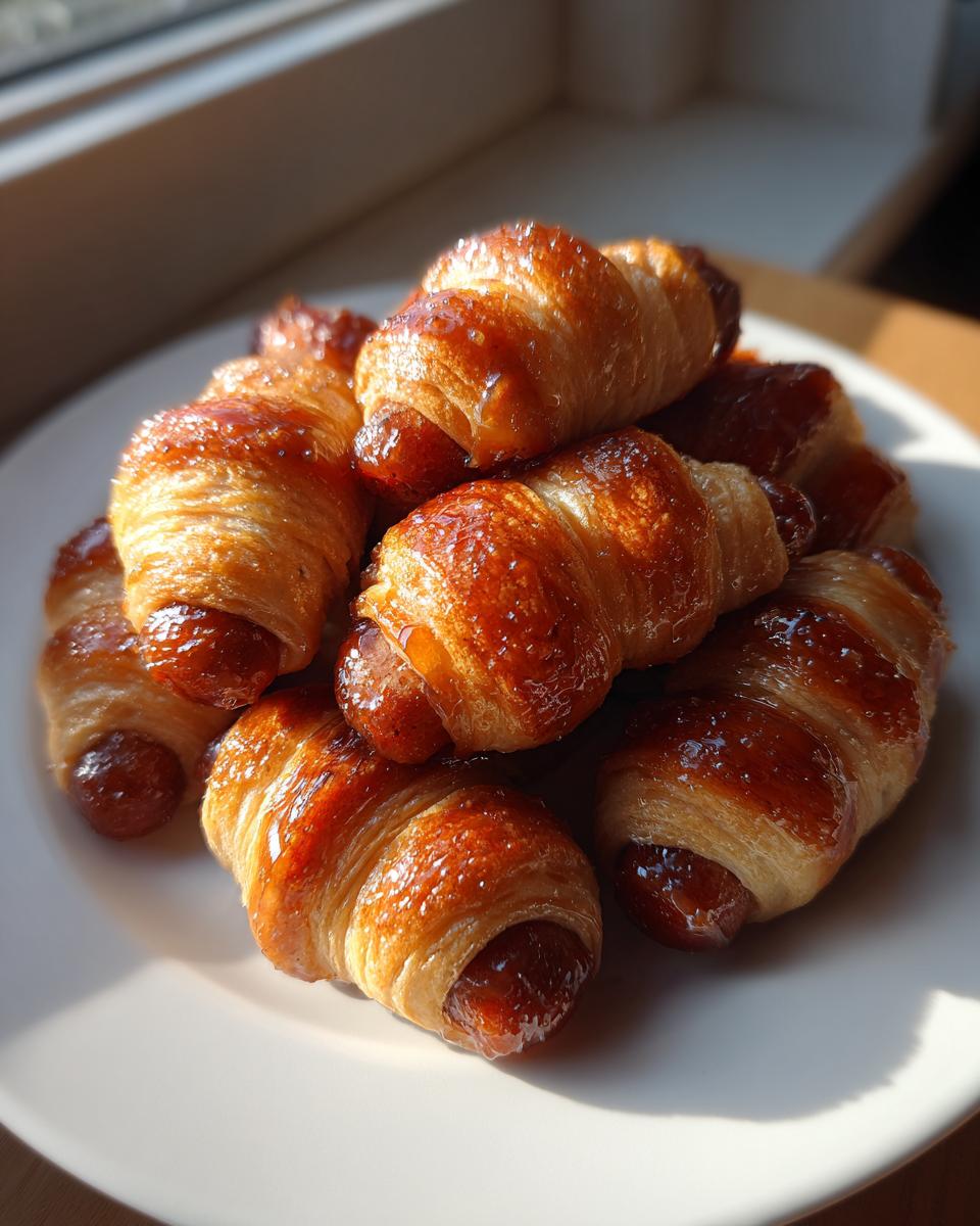 A pile of freshly baked, golden brown pigs in a blanket glistening with a glaze, served on a white plate.