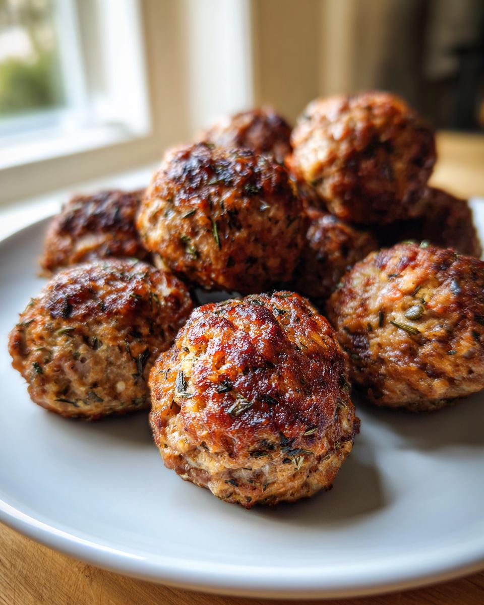 A close-up of several golden brown, herb-seasoned stuffing balls piled on a light grey plate.