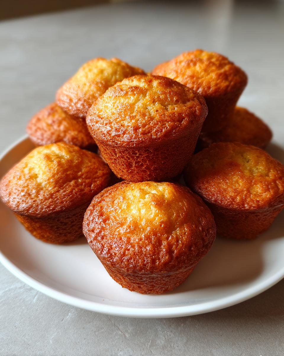 A close-up stack of freshly baked, golden brown mini banana muffins resting on a white plate.