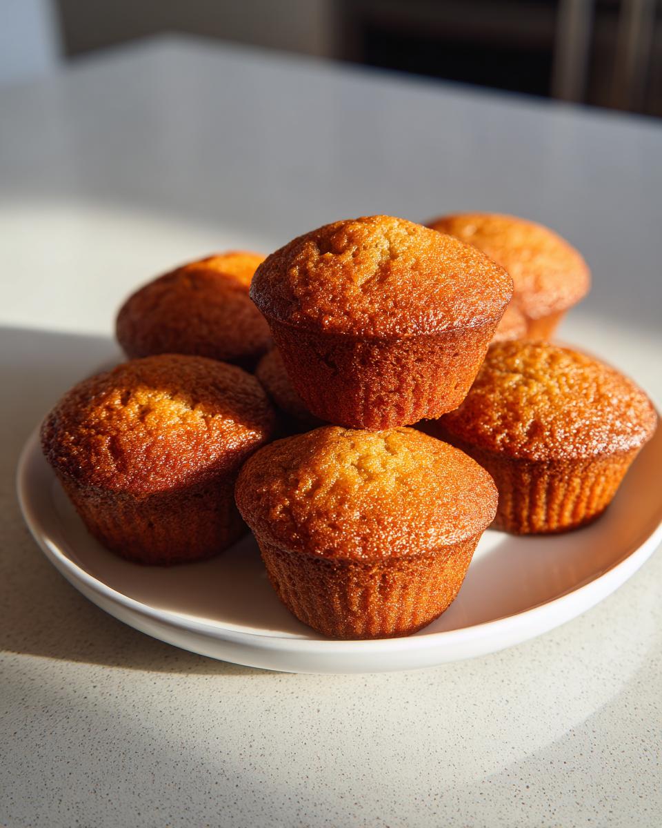 A stack of golden brown mini banana muffins resting on a white plate, highlighted by natural sunlight.