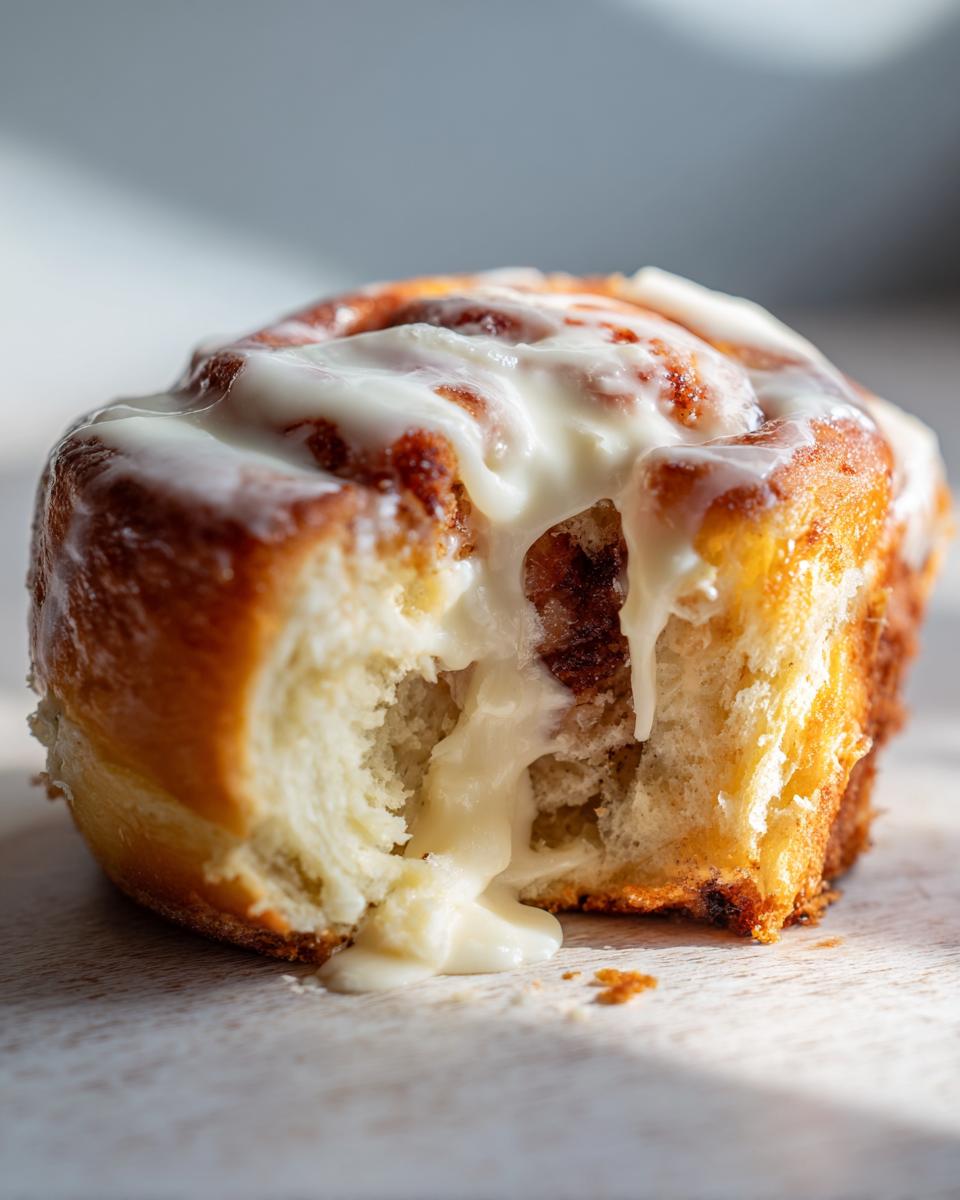 A close-up shot of a soft, fluffy cinnamon roll with thick, white icing dripping down the center.