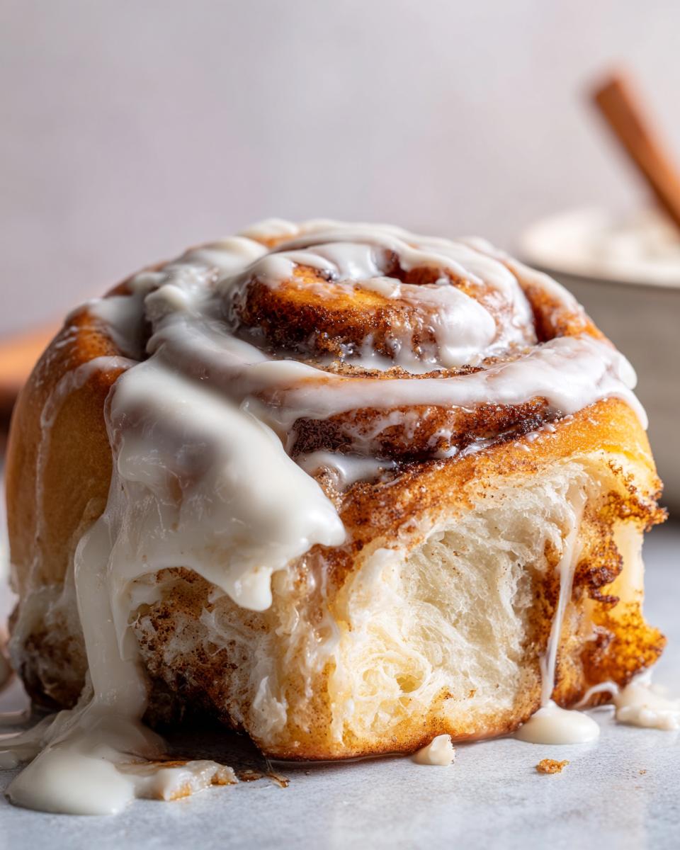 A close-up shot of a single, soft cinnamon roll generously topped with dripping white icing.