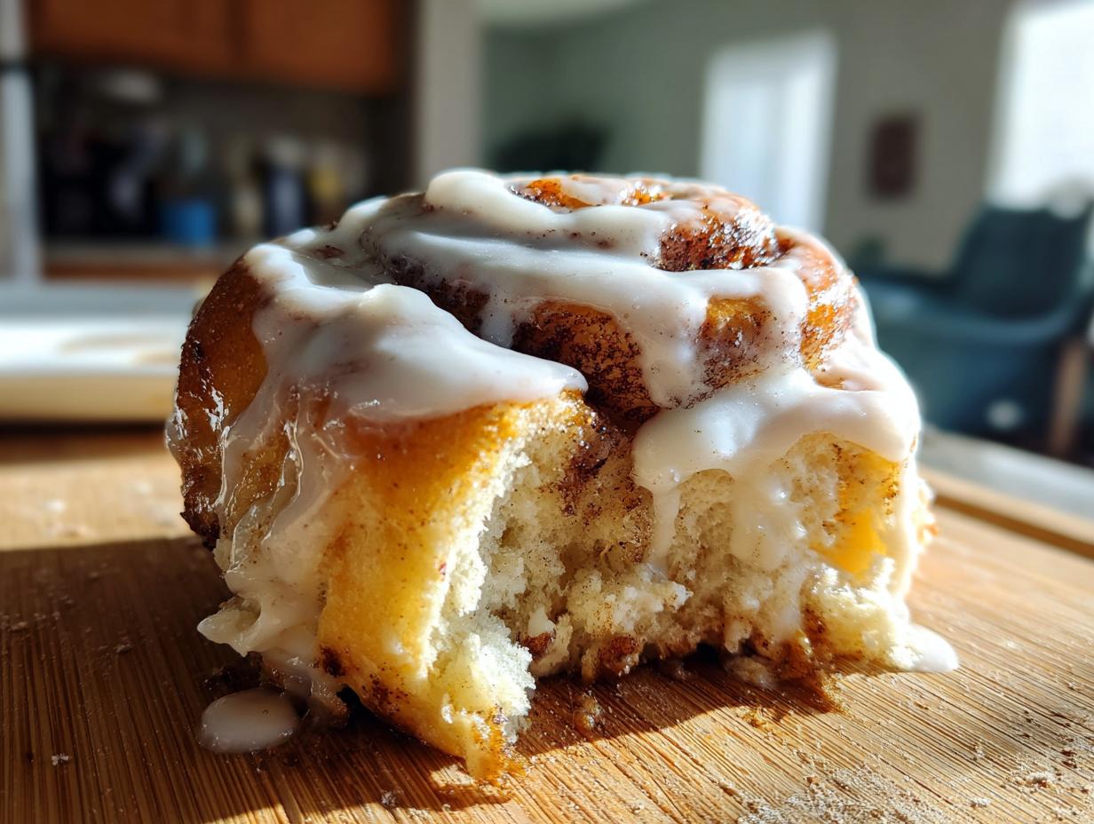 A close-up of a soft, fluffy cinnamon roll with thick white icing, showing a bite taken out.