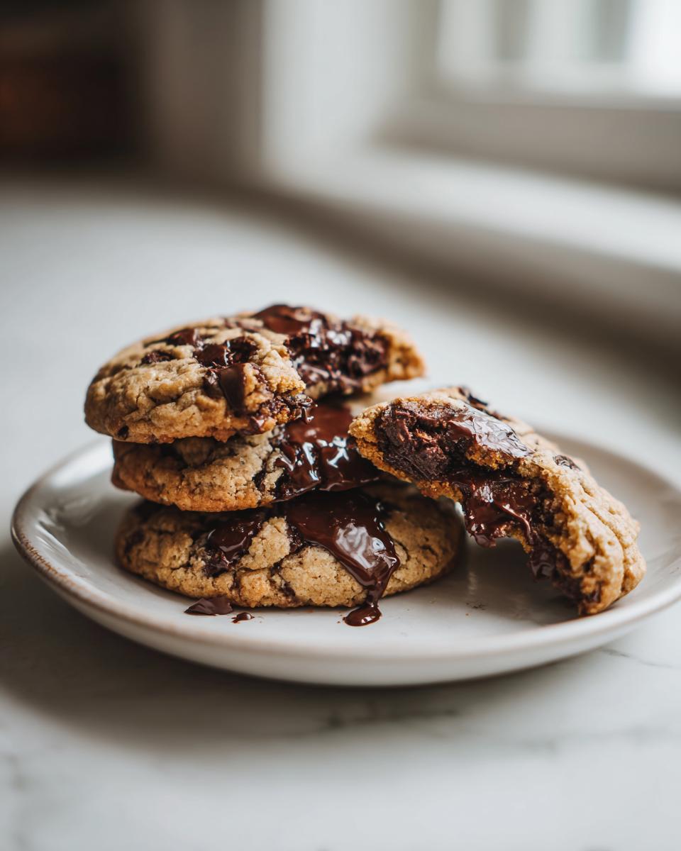 Stack of three gooey peanut butter chocolate chip cookies with melted chocolate oozing out, one cookie broken open.