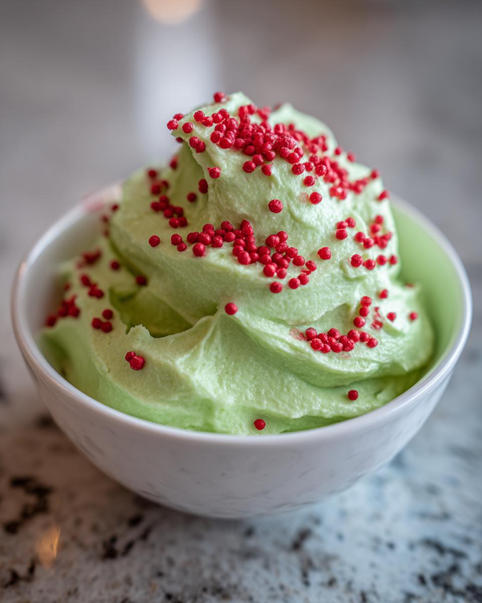Close-up of bright green grinch dip swirled high in a white bowl and topped with small red sprinkles.