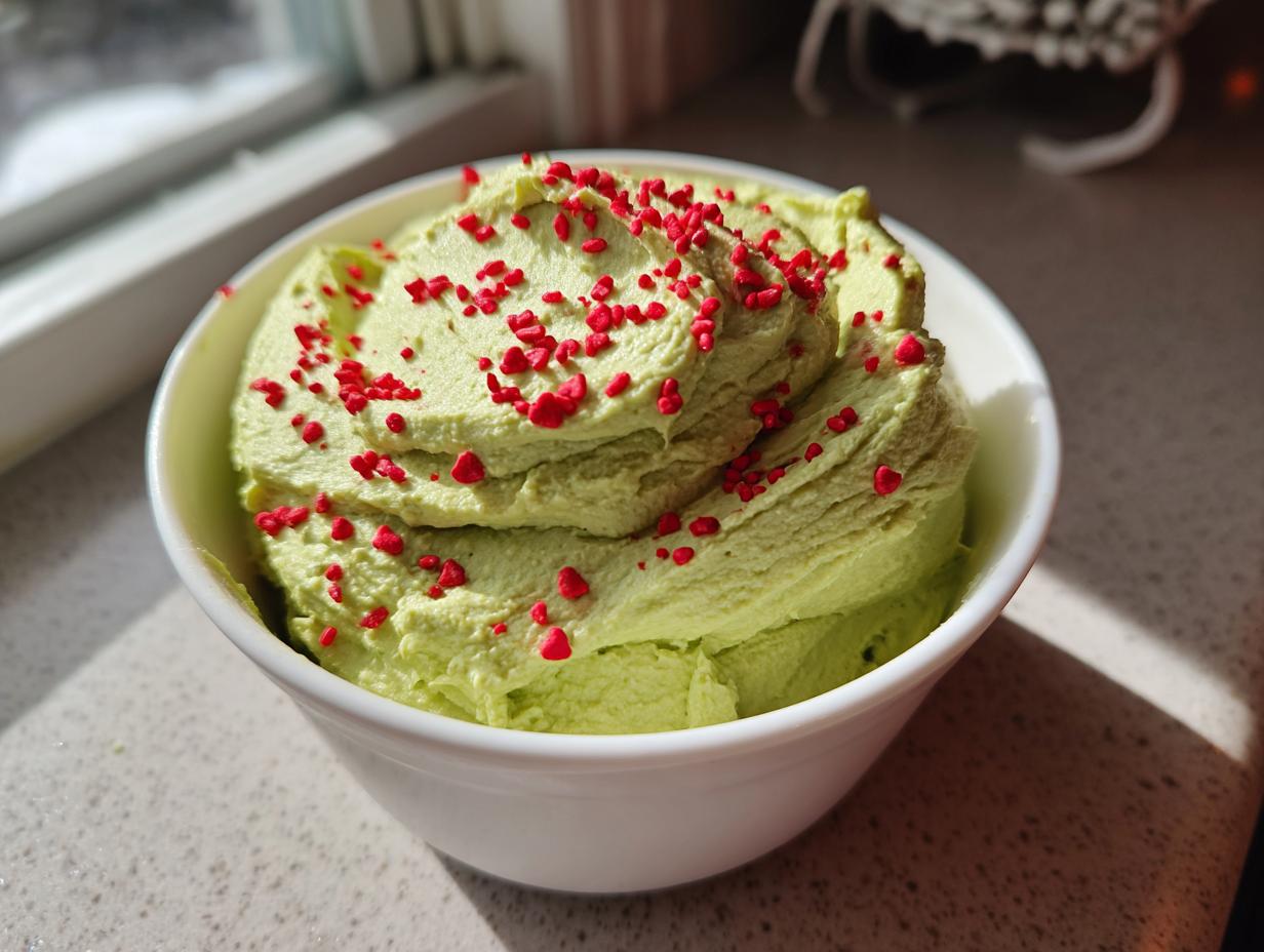 A white bowl filled with bright green grinch dip, swirled and topped with small red heart sprinkles.