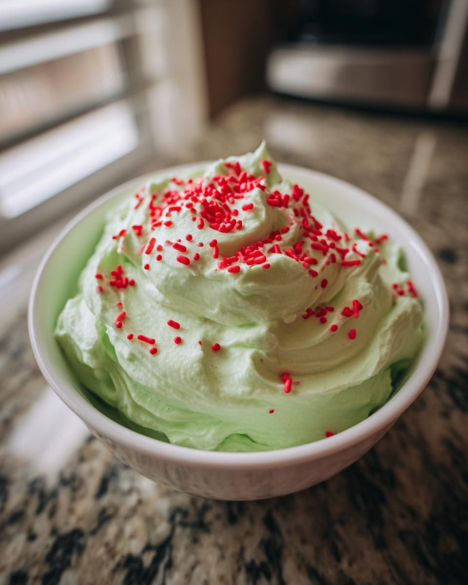 A white bowl filled with light green, fluffy grinch dip topped generously with red sprinkles.