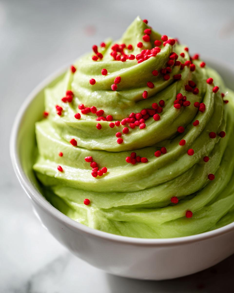 A close-up of vibrant green grinch dip swirled high in a white bowl and topped with small red sprinkles.