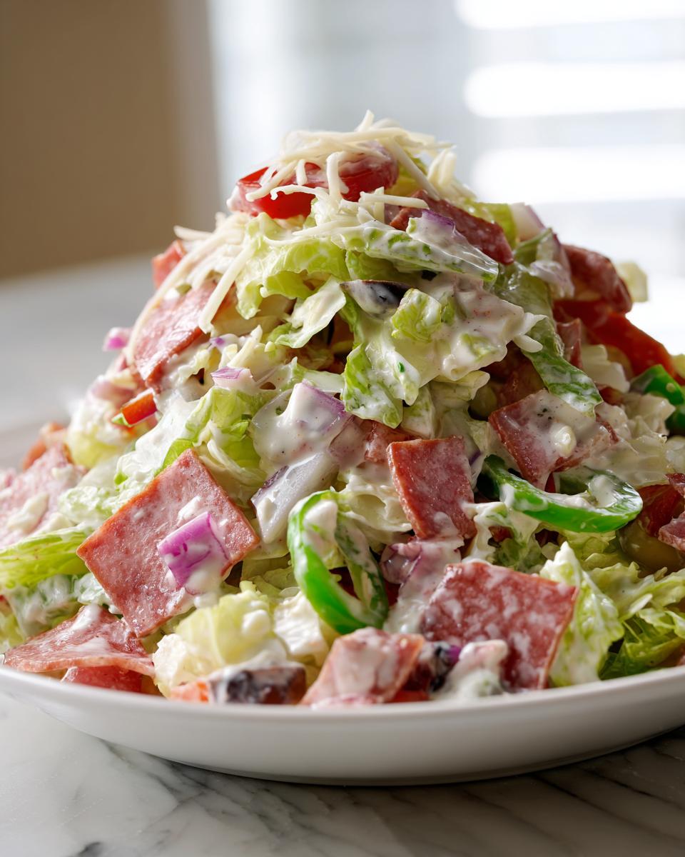 A heaping mound of creamy grinder salad featuring lettuce, salami, peppers, red onion, and shredded cheese.