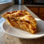 A close-up of a perfect slice of homemade apple pie showing thick apple filling and a golden, flaky crust.