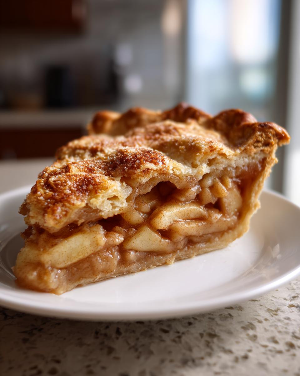 Close-up of a thick slice of homemade apple pie showing cinnamon-spiced apples and a golden, flaky crust.