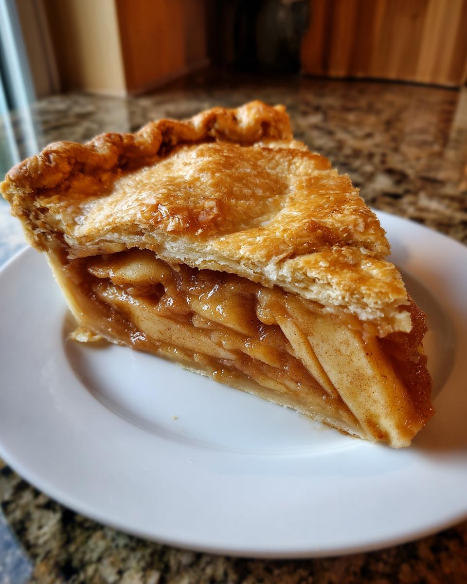 A perfect slice of homemade apple pie showing thick, caramelized apple filling and a golden, flaky top crust.