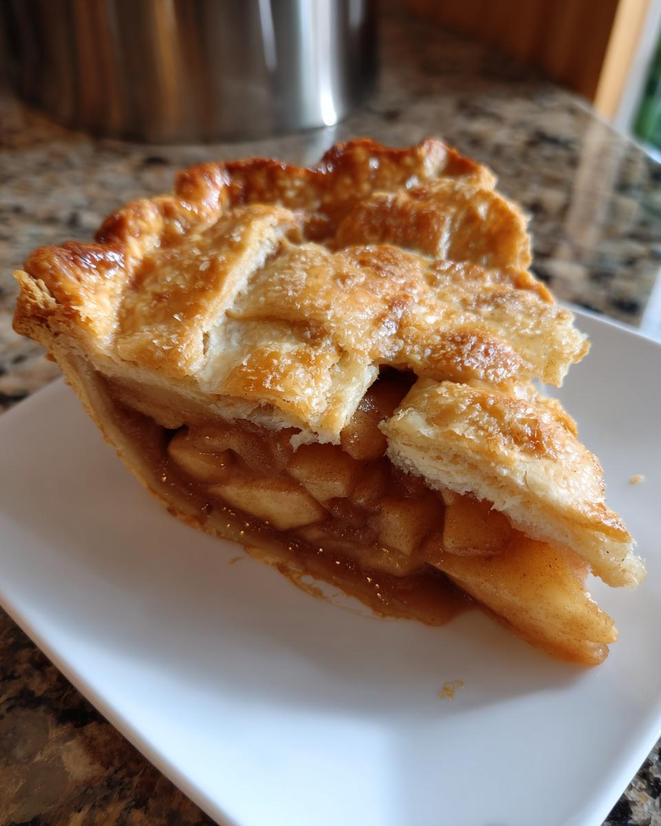 A close-up of a slice of homemade apple pie showing thick apple filling and a golden, flaky lattice crust.