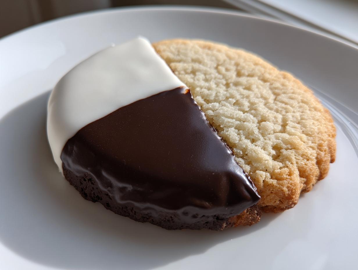 A single, perfectly iced black and white cookie, half covered in white fondant and half in dark chocolate fondant.