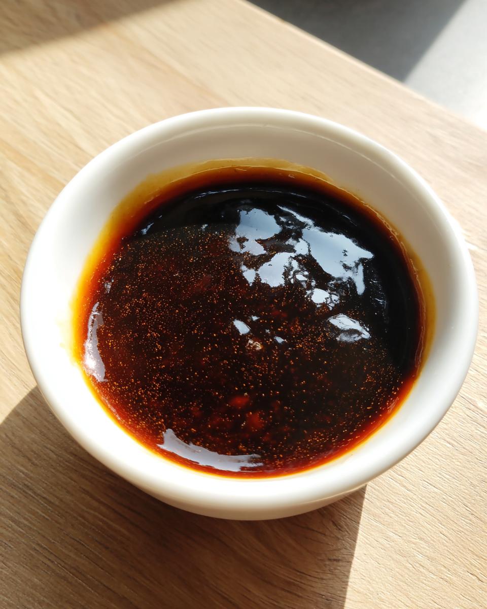 Close-up overhead shot of rich, dark homemade teriyaki sauce in a small white dipping bowl.