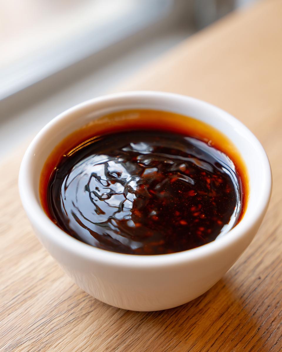 Close-up of thick, glossy homemade teriyaki sauce in a small white bowl on a wooden surface.
