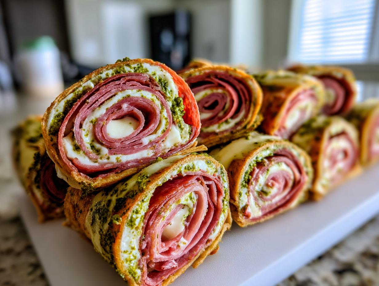 Close-up of several cross-sections of savory Italian pinwheels filled with deli meat, cheese, and pesto.