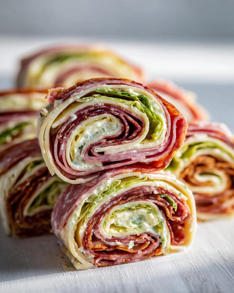Close-up of stacked Italian pinwheels showing layers of deli meat, cheese, lettuce, and cream cheese spread.