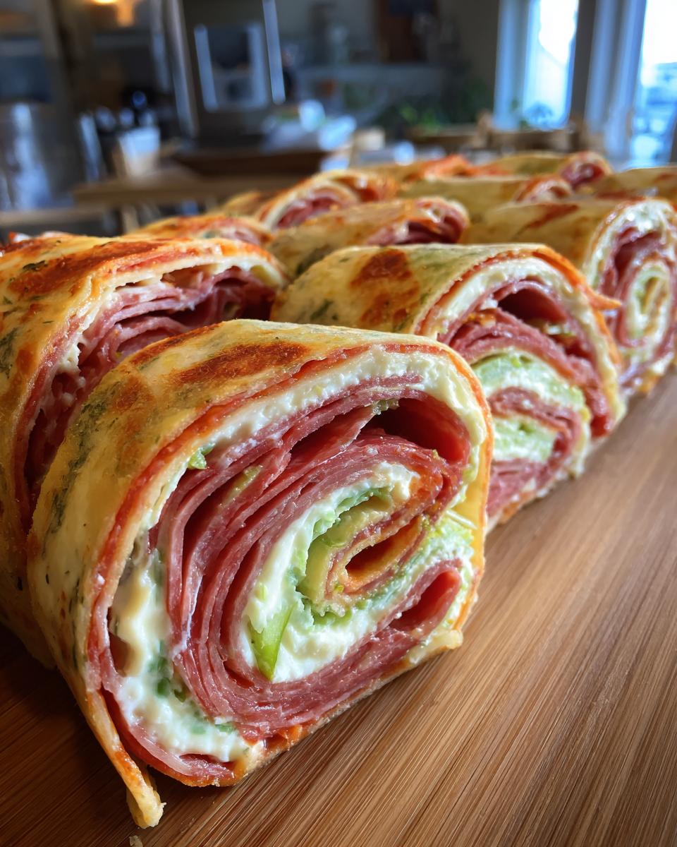 Close-up view of several sliced italian pinwheels showing layers of salami, cream cheese, and green peppers on a wooden board.