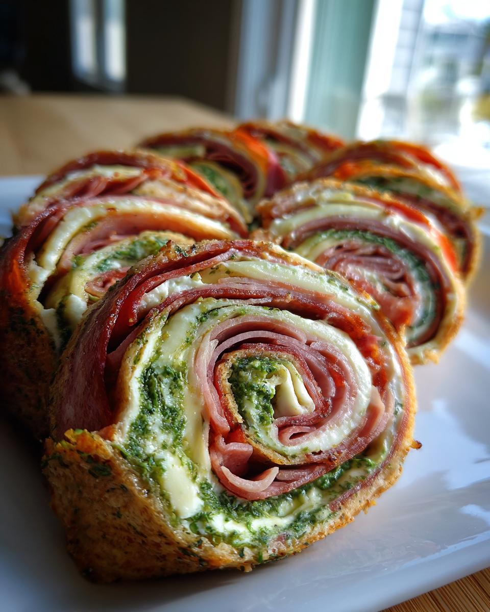 Close-up of several slices of baked Italian pinwheels showing layers of meat, cheese, and green pesto filling.