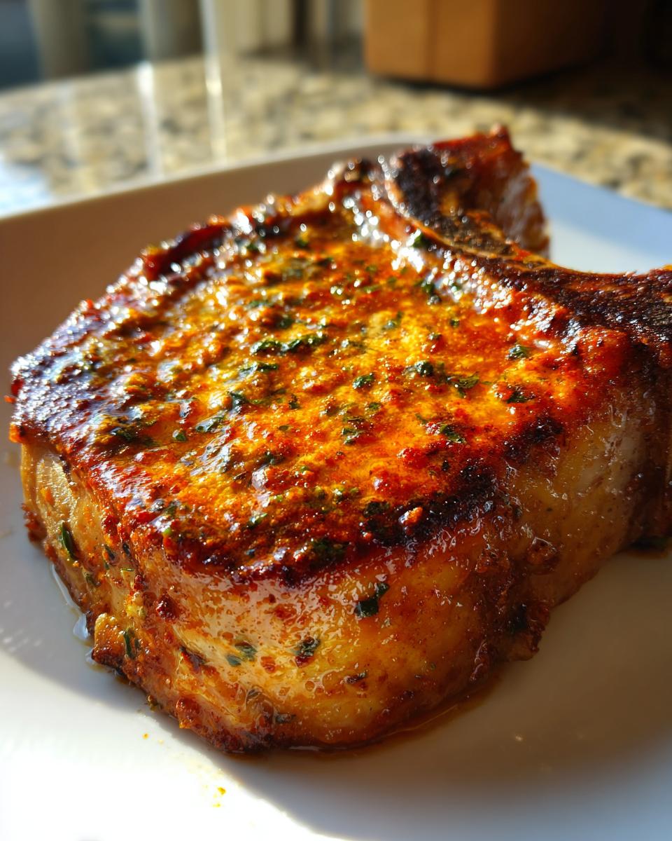 Close-up of a perfectly cooked, juicy air fryer pork chop with a caramelized, seasoned crust.