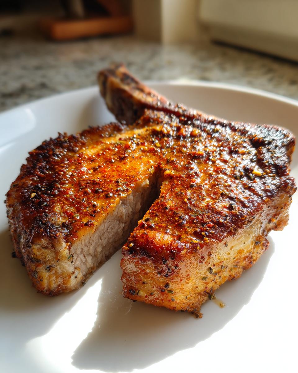 Close-up of a thick, seasoned air fryer pork chop, sliced to show the juicy interior.