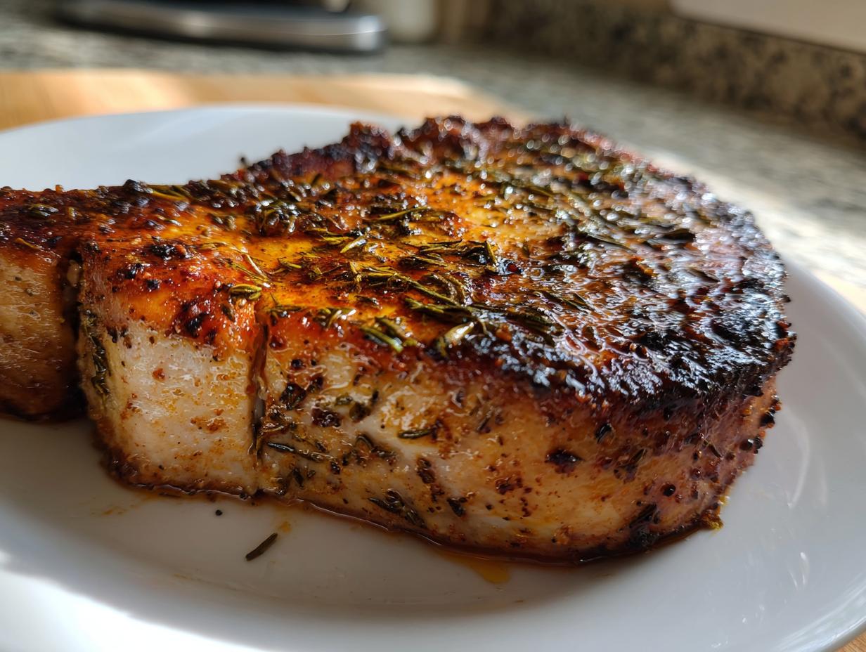 Close-up of a thick, perfectly cooked air fryer pork chop seasoned with herbs on a white plate.
