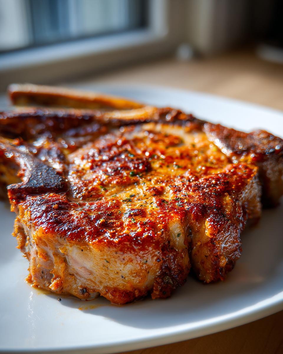 Close-up of a perfectly seared, juicy air fryer pork chops bone-in cut on a white plate.