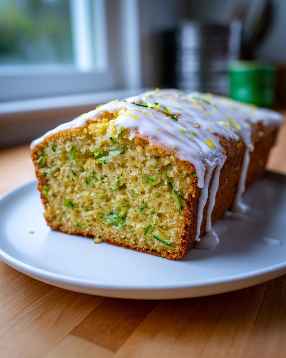 A freshly baked loaf of lemon zucchini bread, sliced and topped with a thick white glaze and lemon zest.