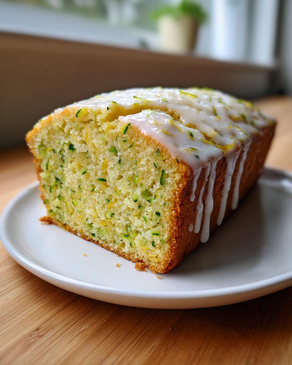 A loaf of moist lemon zucchini bread topped with a thick, drizzled lemon glaze.