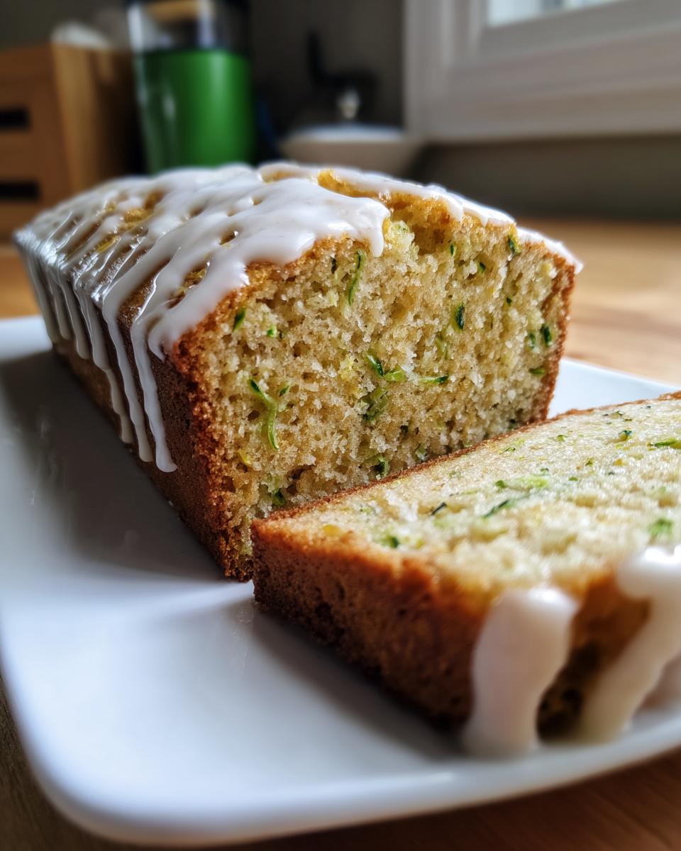 A loaf of moist lemon zucchini bread, partially sliced, topped with a thick white glaze.