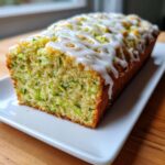A freshly baked loaf of lemon zucchini bread topped with white lemon glaze, showing shredded zucchini inside.