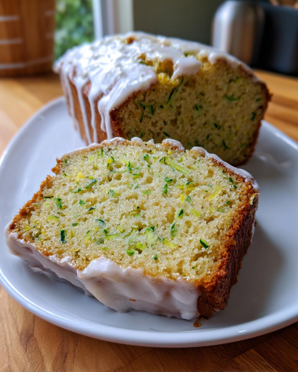 A thick slice of moist lemon zucchini bread topped with white glaze, next to the rest of the loaf.