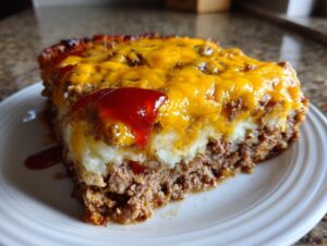 A thick slice of meatloaf casserole topped with mashed potatoes, melted cheddar cheese, and a dollop of ketchup.
