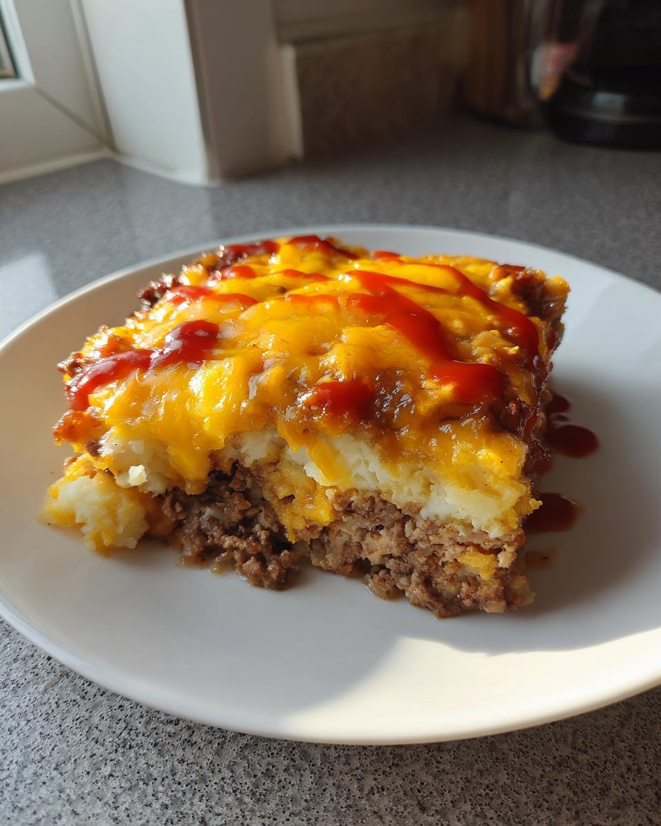 A square serving of meatloaf casserole topped with mashed potatoes, melted cheddar cheese, and ketchup.