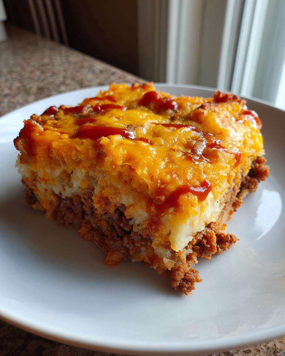 A square slice of meatloaf casserole topped with mashed potatoes, melted cheddar cheese, and a drizzle of ketchup.