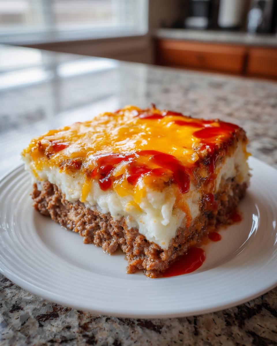 A square slice of meatloaf casserole featuring a thick layer of seasoned ground meat topped with mashed potatoes, melted cheddar cheese, and ketchup.