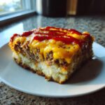 A square slice of meatloaf casserole with a mashed potato base, topped with melted cheddar cheese and ketchup drizzle.