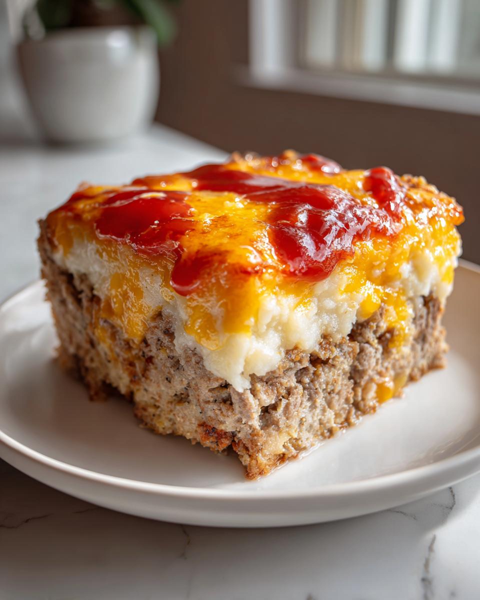 A thick slice of meatloaf casserole topped with mashed potatoes, melted cheese, and ketchup.