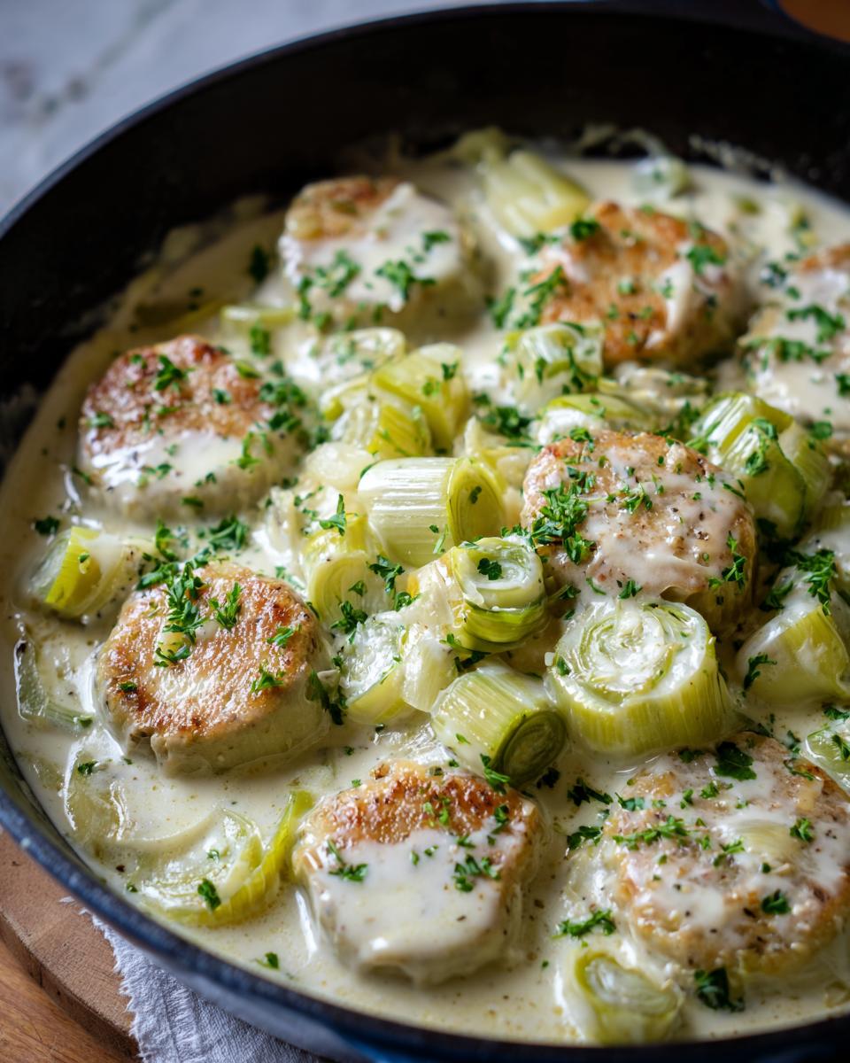 Close-up of pan-seared medallions served with tender braised leeks in a rich cream sauce, garnished with parsley.