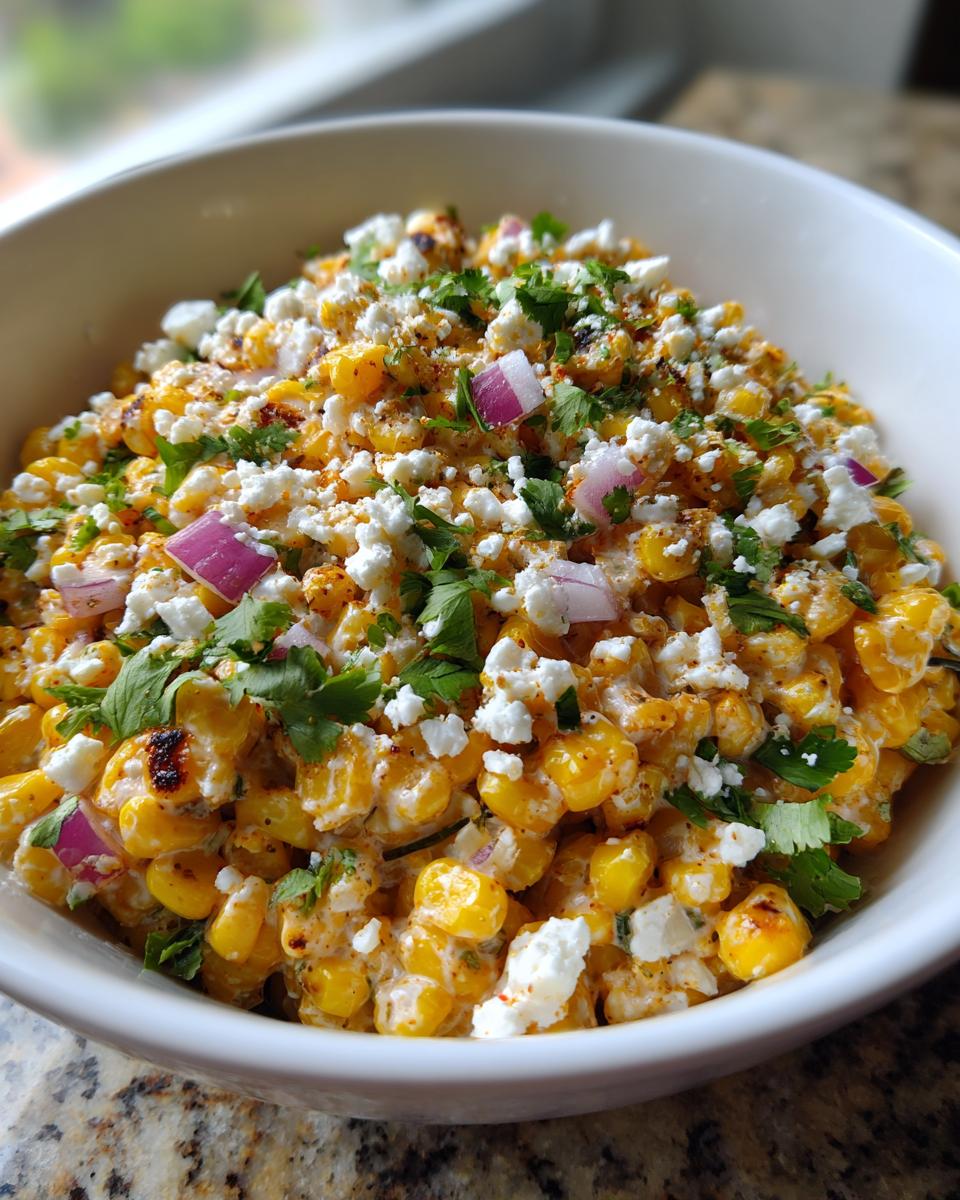 A close-up of a white bowl filled with creamy mexican street corn salad, topped with cotija cheese, cilantro, and red onion.