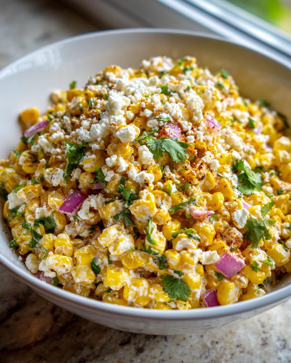 A close-up view of a white bowl filled with creamy mexican street corn salad, topped with cotija cheese and chili powder.