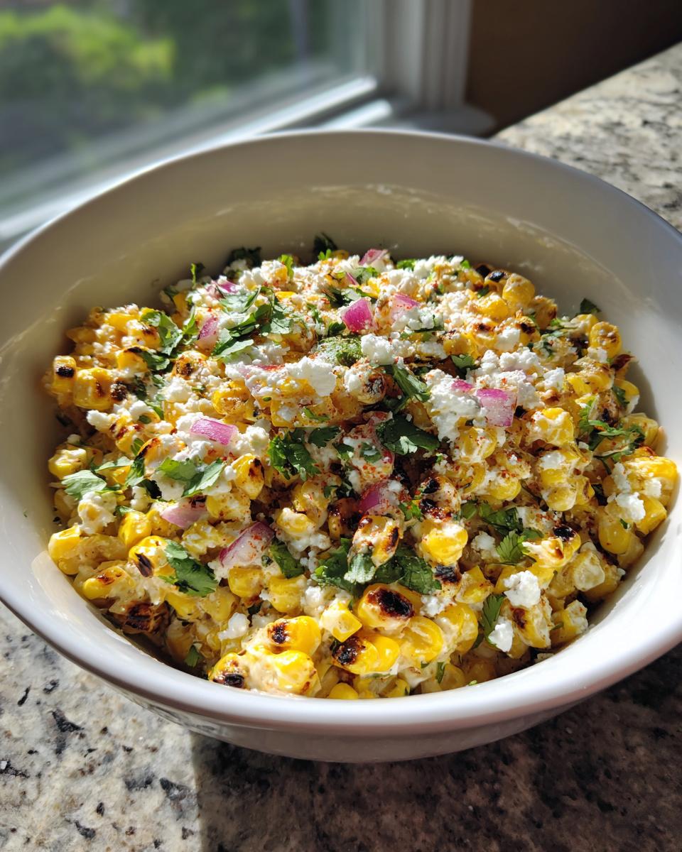 Close-up of a white bowl filled with charred corn kernels, cotija cheese, cilantro, and red onion, ready to serve as mexican street corn salad.
